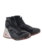 Alpinestars CR-1 Shoes, Black and Light Brown motorcycle riding shoes, high-top design with 3D mesh and microfiber construction, multicolored orange and brown camouflage sole, white star logo on the heel, technical urban footwear for touring and sport riding