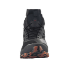 Alpinestars CR-1 Shoes, Motorcycle Riding Shoes, Black and Light Brown, front view, breathable 3D mesh and microfiber upper, patterned brown sole at the toe, technical footwear for touring and sport riding