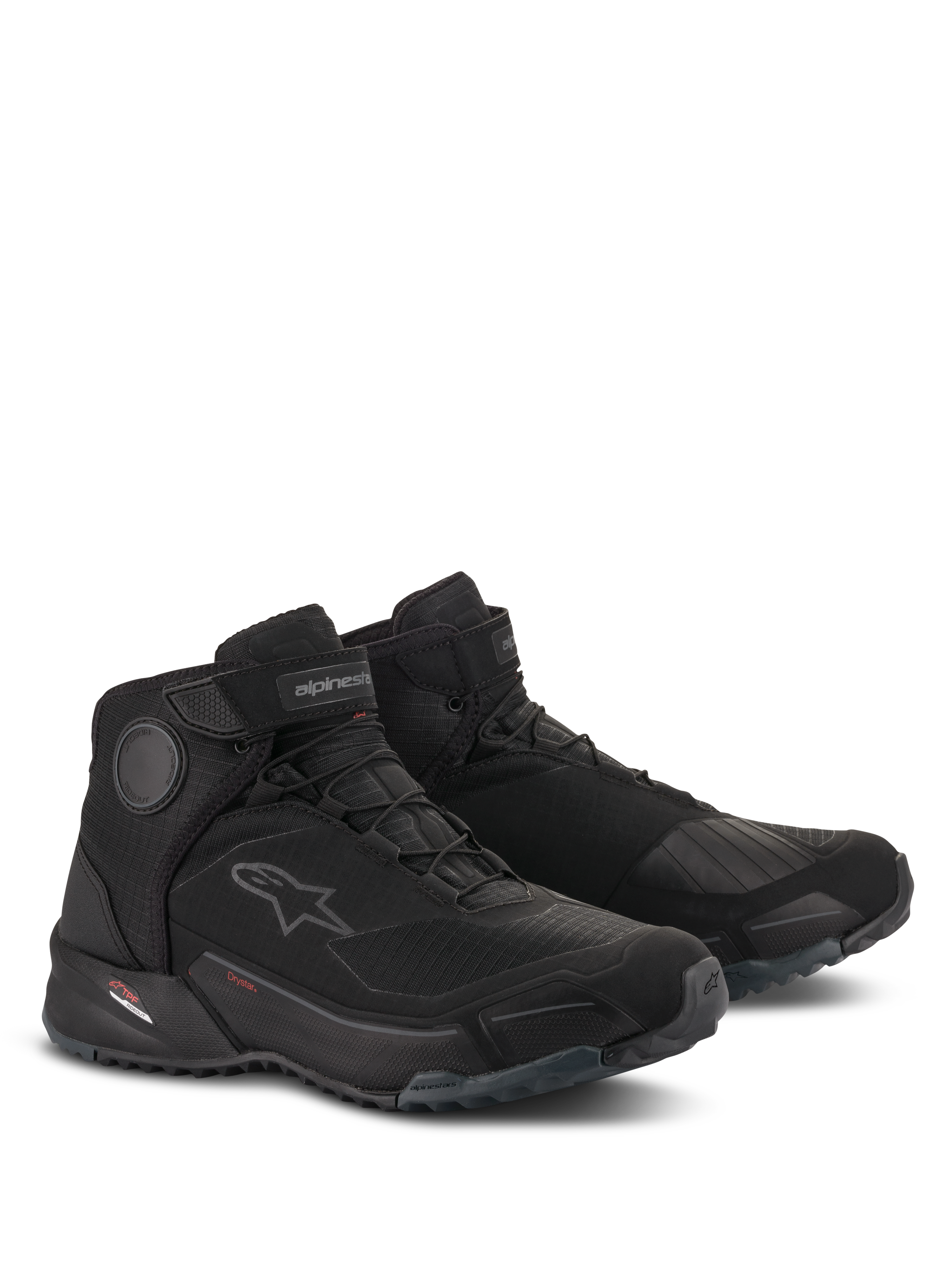 Alpinestars CR-X Drystar® Riding Shoes, Waterproof Motorcycle Shoes, Black Black, athletic design with running shoe fit, featuring internal ankle discs, gear shift reinforcement, and rugged rubber outsole for urban riding and walking comfort