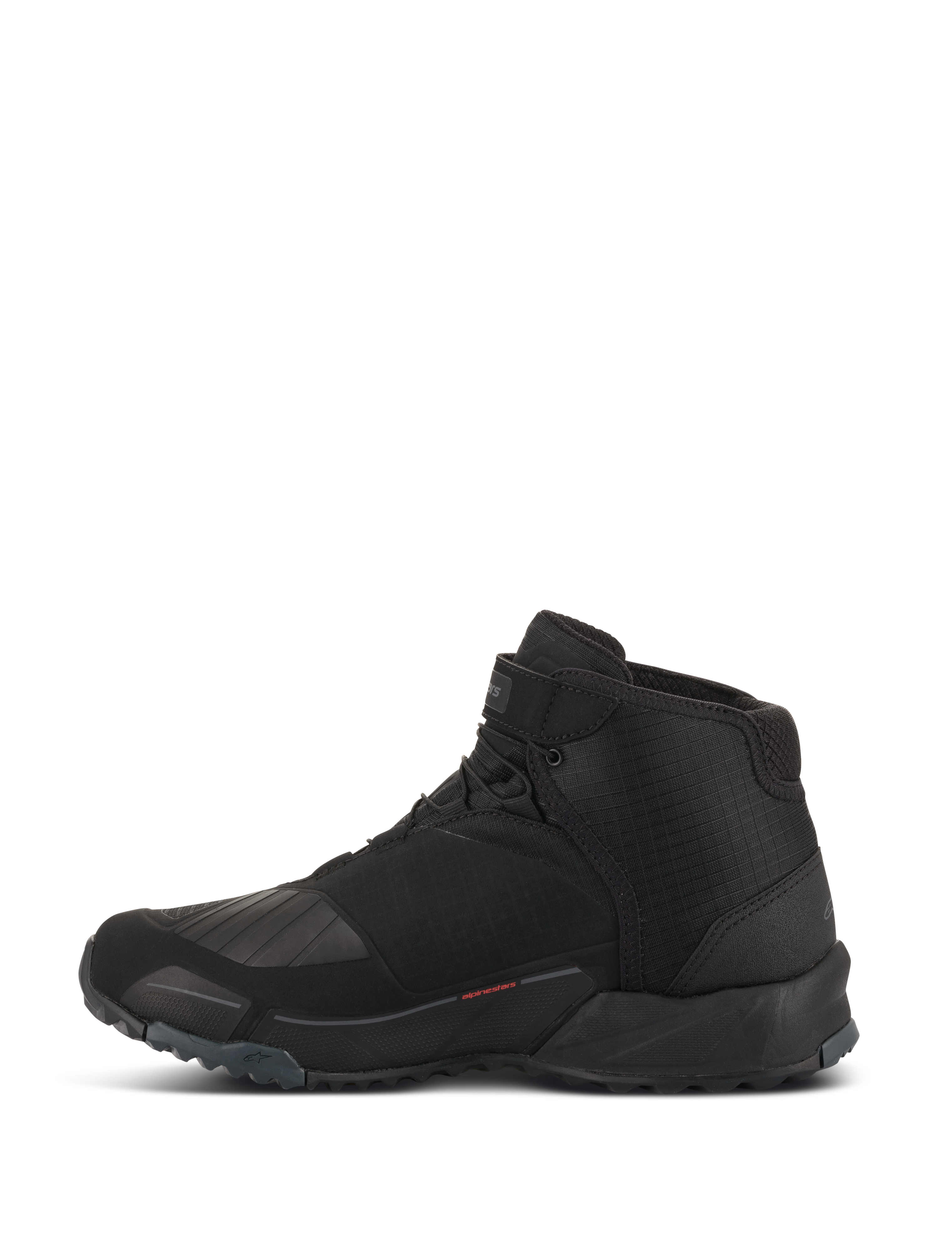 Alpinestars CR-X Drystar Riding Shoes, Motorcycle Riding Shoes, Black, side profile view, high-top design with running shoe silhouette, featuring reinforced TPU gear shift zone, lugged outsole for grip, and waterproof construction for urban and road riding.