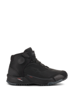 Alpinestars CR-X Drystar Riding Shoes, Black motorcycle footwear, side profile view, waterproof urban riding shoe, lace-up closure with top strap, thick textured rubber sole, sporty design with Alpinestars branding
