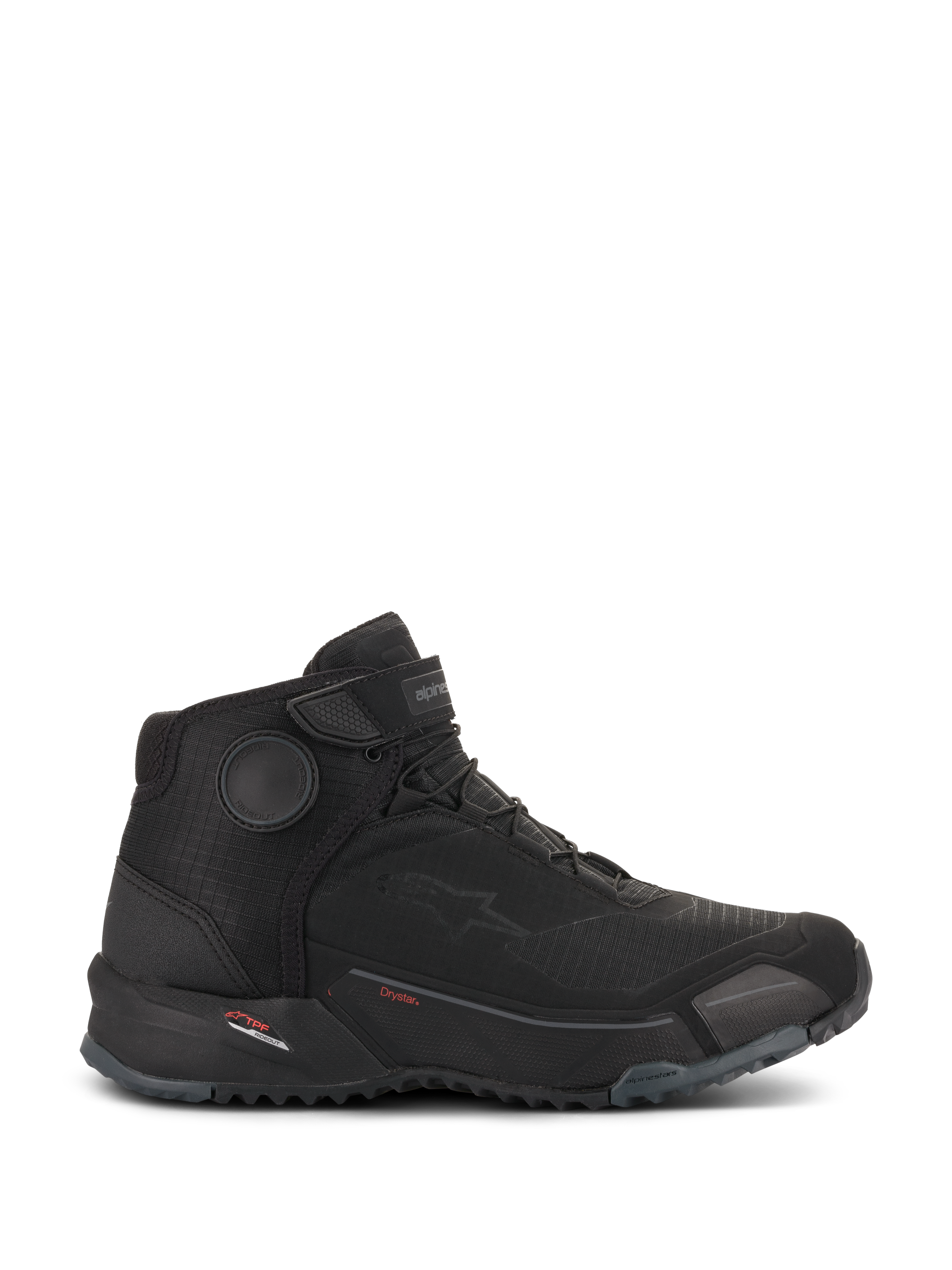 Alpinestars CR-X Drystar® Riding Shoes, Motorcycle Riding Shoes, Black Black, side profile view, sleek athletic design with waterproof membrane, featuring red Drystar branding and textured rubber outsole