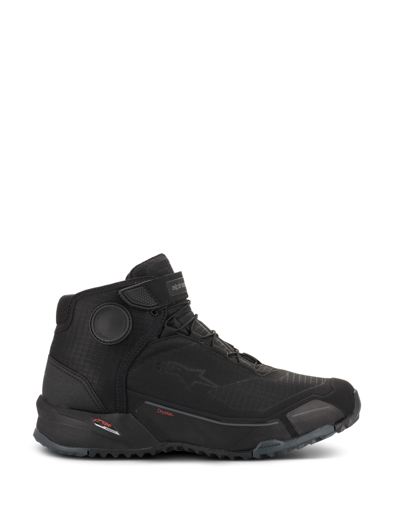 Alpinestars CR-X Drystar® Riding Shoes, Motorcycle Riding Shoes, Black, side profile view, sleek sneaker-inspired design with a rugged outsole, featuring Drystar branding and protective ankle discs