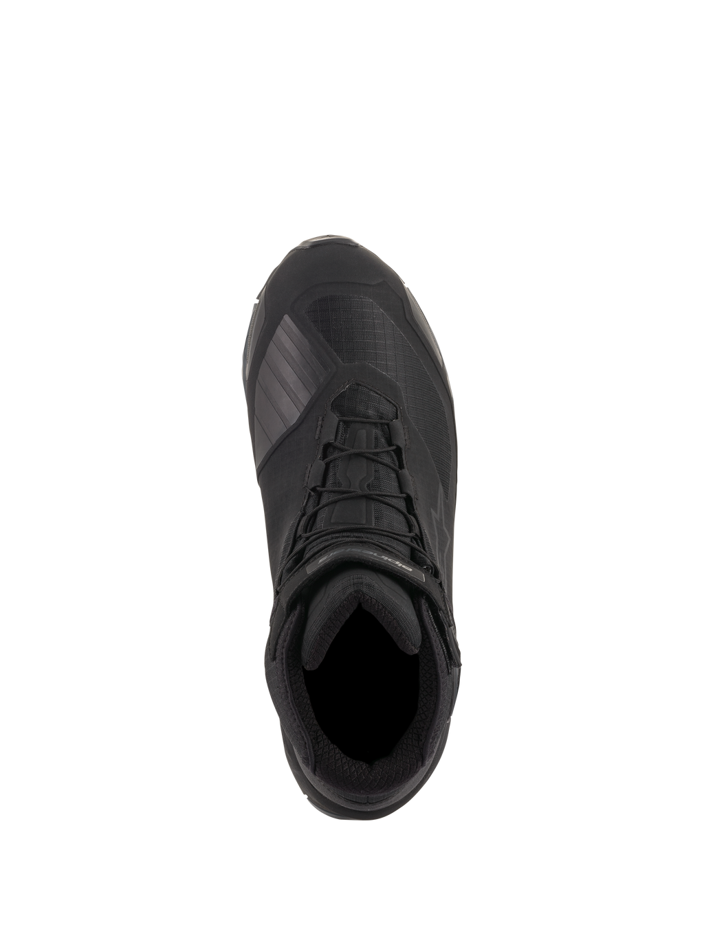 Alpinestars CR-X Drystar® Riding Shoes, Black, top-down view showing technical textile construction, integrated laces with ankle strap, and protective TPU gear shift zone, waterproof motorcycle footwear designed for all-day comfort.