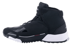 Alpinestars CR-X Drystar® Riding Shoes, Motorcycle Riding Shoes, Black and White, side profile featuring a running-shoe inspired design with a waterproof textile upper, white EVA midsole, and reinforced gear shift area on the toe.