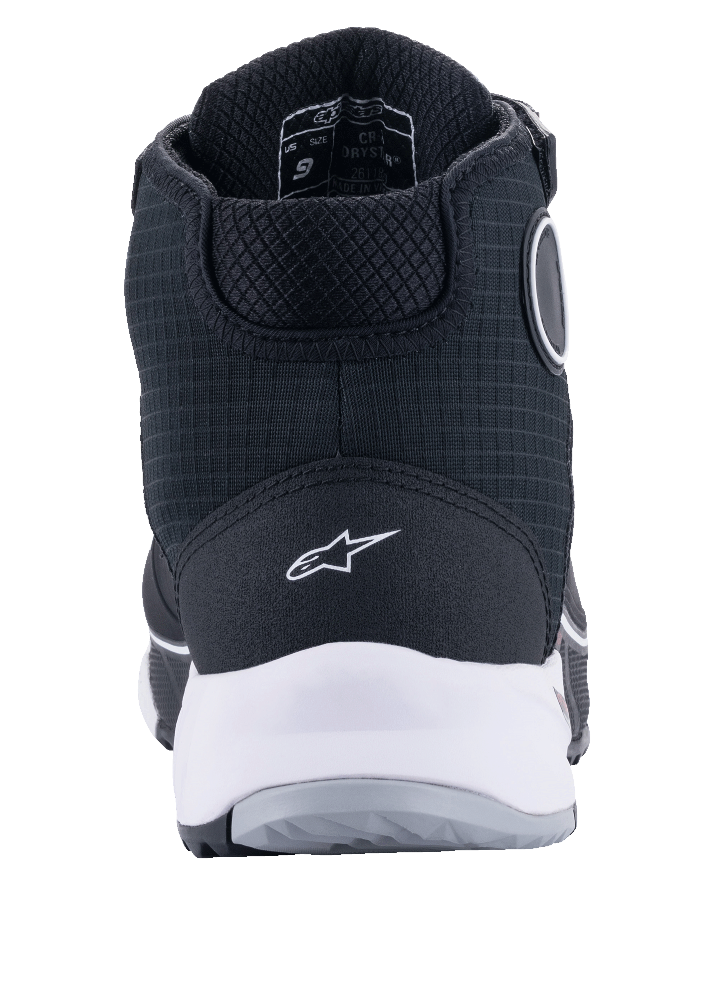 Alpinestars CR-X Drystar® Riding Shoes, Black and White, rear view showing white midsole and heel logo, textured textile upper with protective high-top construction, designed for waterproof motorcycle riding and walking comfort