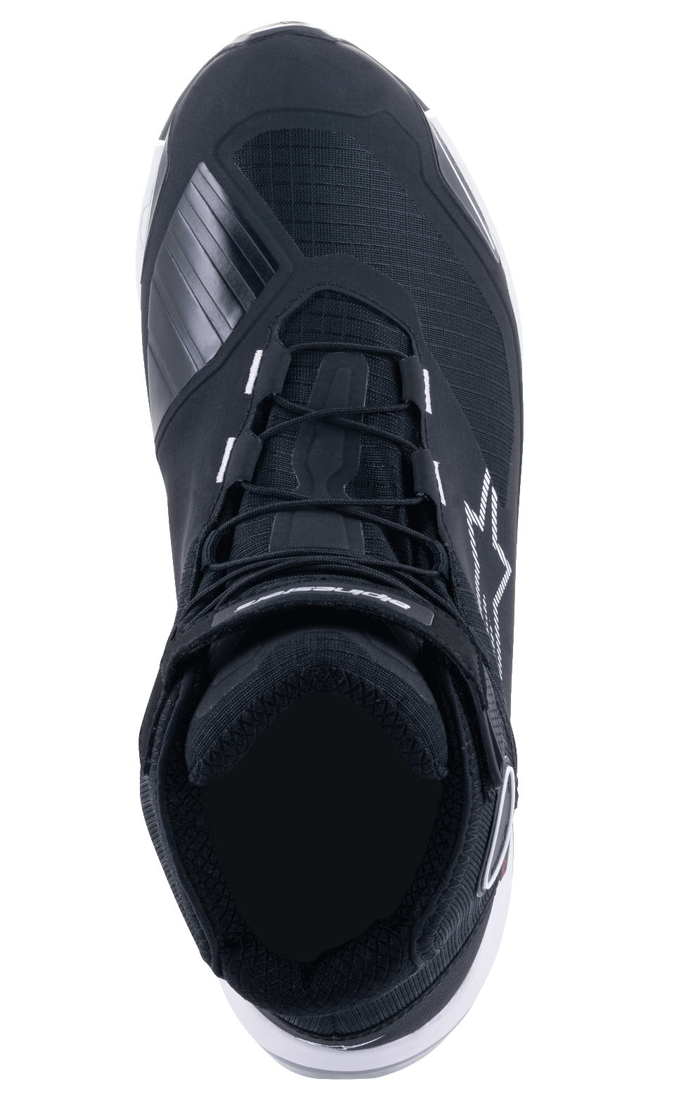 Alpinestars CR-X Drystar® Riding Shoes, top-down view, Black and White, featuring lace-up closure with a hook-and-loop ankle strap, textured gear shift reinforcement on the toe, and a white star logo on the side, durable and waterproof motorcycle footwear