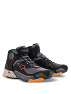 Alpinestars CR-X Drystar® Riding Shoes, Black Light Brown and Orange, motorcycle footwear with a running shoe design, featuring orange logos and accents on the sole, light brown heel detail, and dark grey panels, sporty all-weather riding shoes.