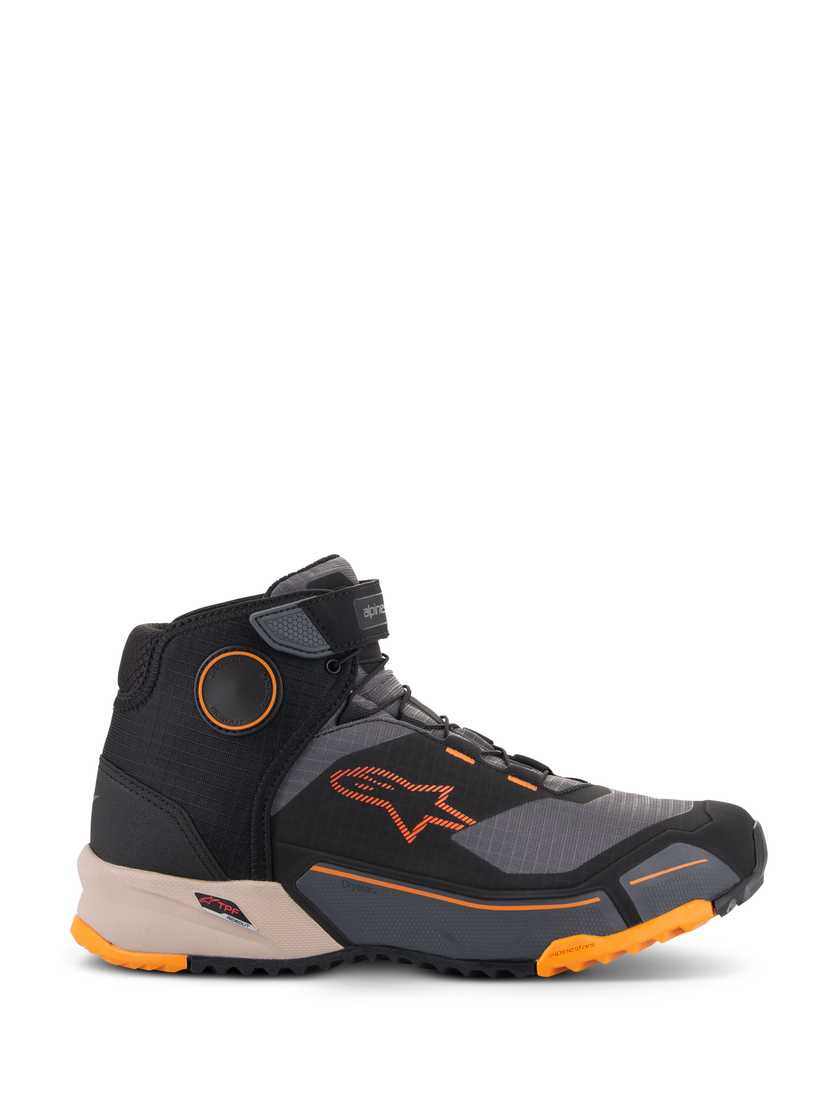 Alpinestars CR-X Drystar® køresko, urban motorcykelsko, sort, grå og orange med lysebrun mellemsål, high-top design med velcro-ankelrem, med klar orange branding og robust sål med orange detaljer