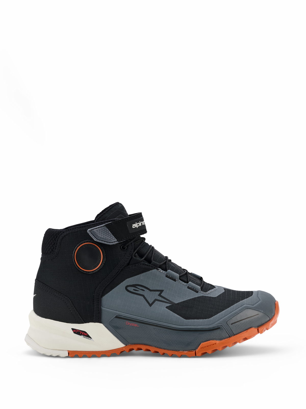 Alpinestars CR-X Drystar Riding Shoes, Motorcycle Riding Shoes, Black Dark Gray and Rust, featuring a high-top design with Velcro ankle strap, waterproof Drystar membrane, white midsole, and bright orange rugged outsole