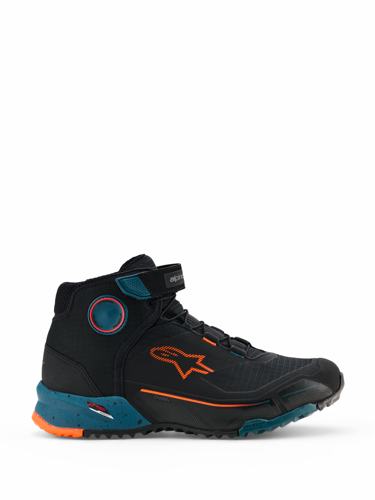 Alpinestars CR-X Drystar Riding Shoes, Motorcycle Urban Riding Shoes, Black Petrol and Orange Fluo, high-top sneaker-style design featuring an orange Alpinestars logo, teal speckled midsole, and rugged waterproof construction.