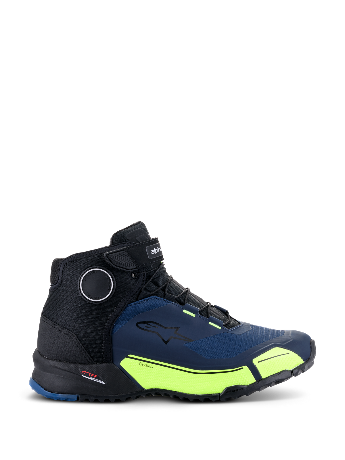 Alpinestars CR-X Drystar® køresko, motorcykelsko, sort, mørkeblå og neongul, atletisk design med sorte snørebånd og velcrorem foroven, klare gule detaljer på mellemsålen med Drystar-branding, Alpinestars stjernelogo på siden, teknisk fodtøj til bykørsel