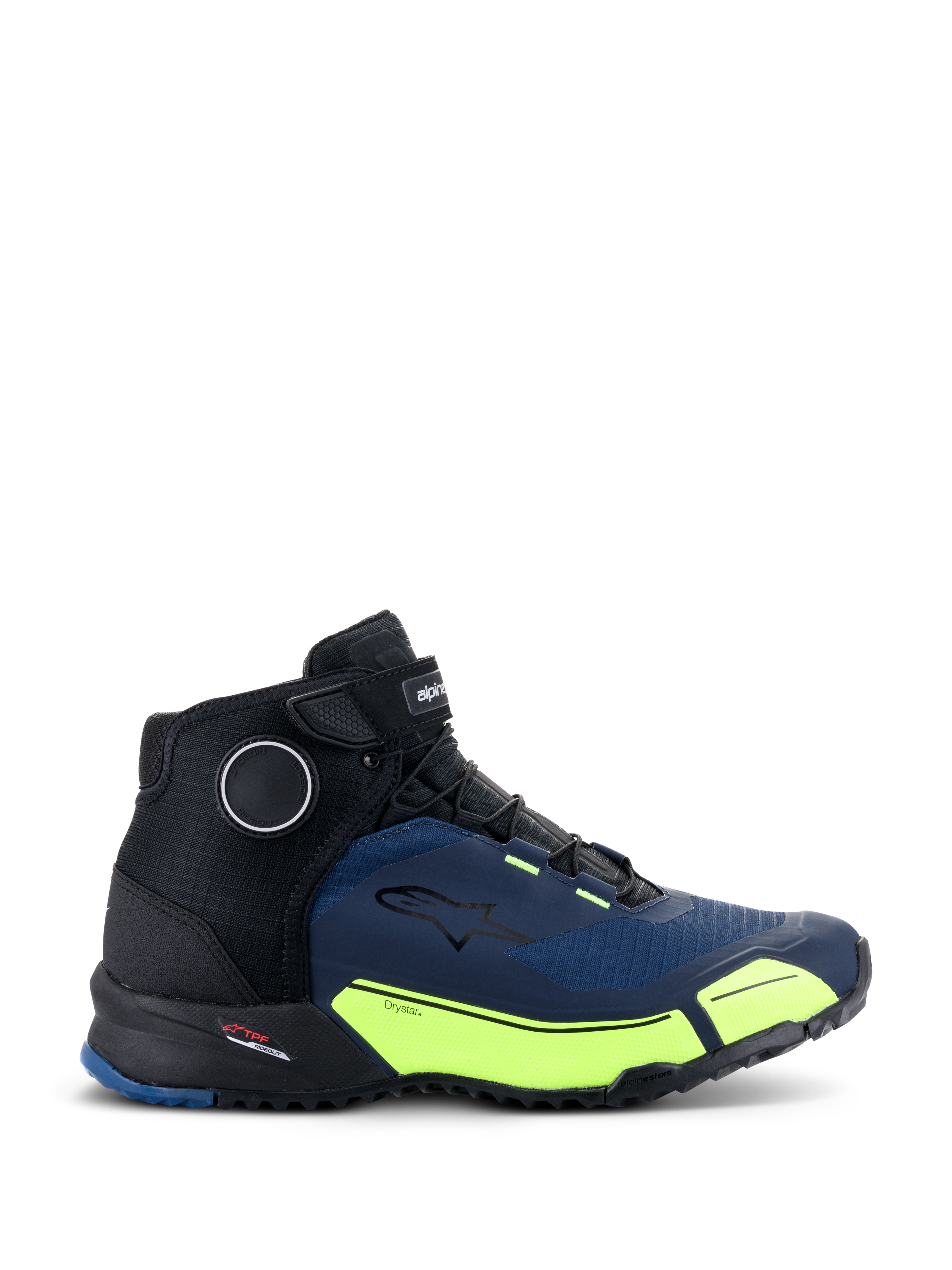 Alpinestars CR-X Drystar® Riding Shoes, Black Dark Blue and Yellow Fluo, athletic-inspired motorcycle footwear, featuring fluorescent yellow accents and dark blue panels, waterproof design with a running shoe silhouette for all-day comfort.