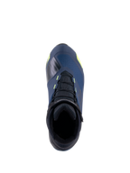 Alpinestars CR-X Drystar® Riding Shoes, top view, Black Dark Blue and Yellow Fluo, waterproof motorcycle shoes with a running shoe silhouette, featuring black laces and vibrant yellow accents on a dark blue upper