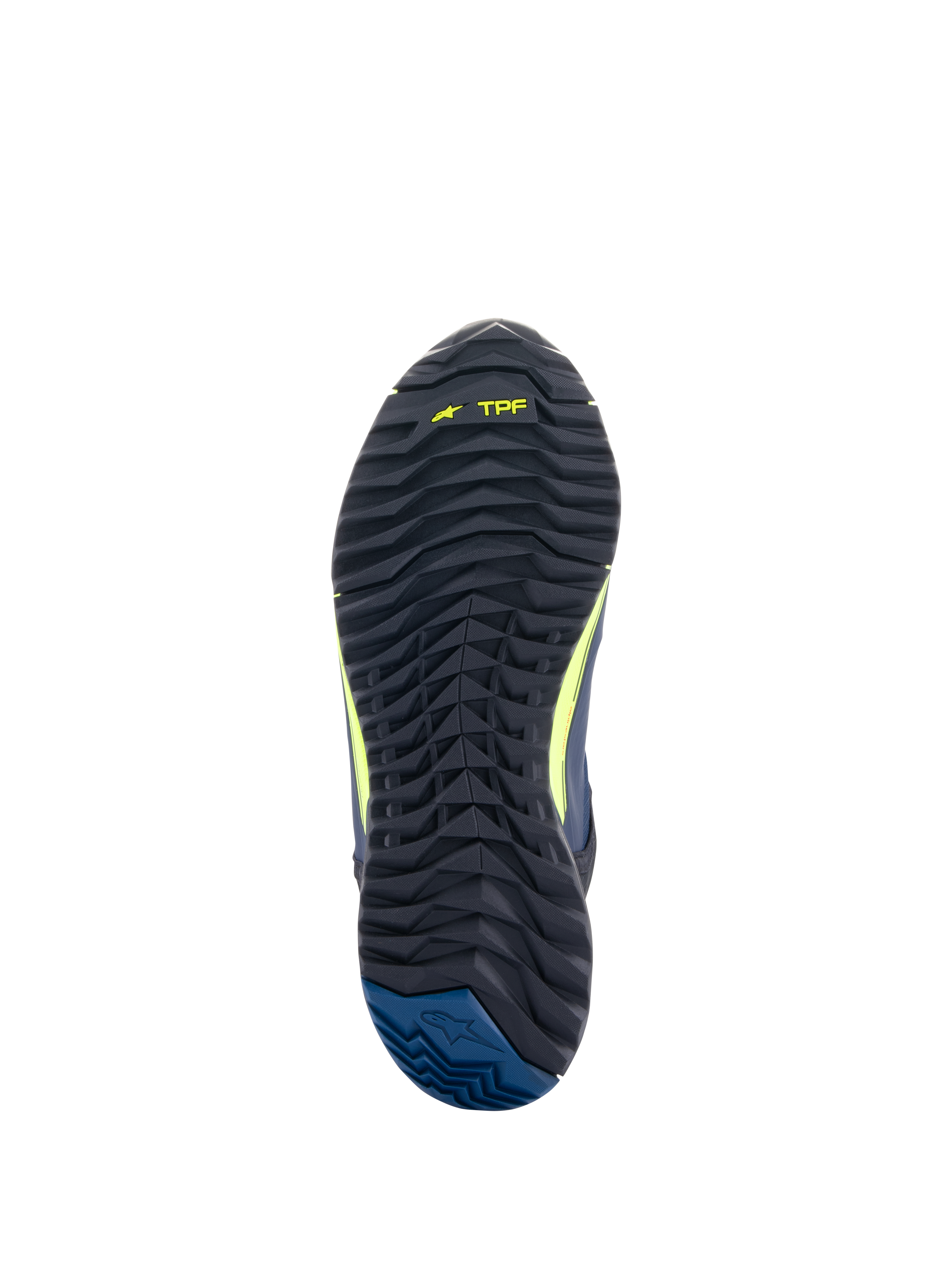 Alpinestars CR-X Drystar® Riding Shoes, Outsole view, Black with Yellow Fluo TPF branding and Dark Blue heel, rugged textured tread for traction and all-day walking comfort