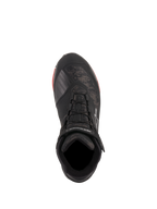 Alpinestars CR-X Drystar® Riding Shoes, Black Camo Red, top-down view featuring camo pattern and black laces, ankle strap with white Alpinestars branding, waterproof motorcycle footwear with red sole accents