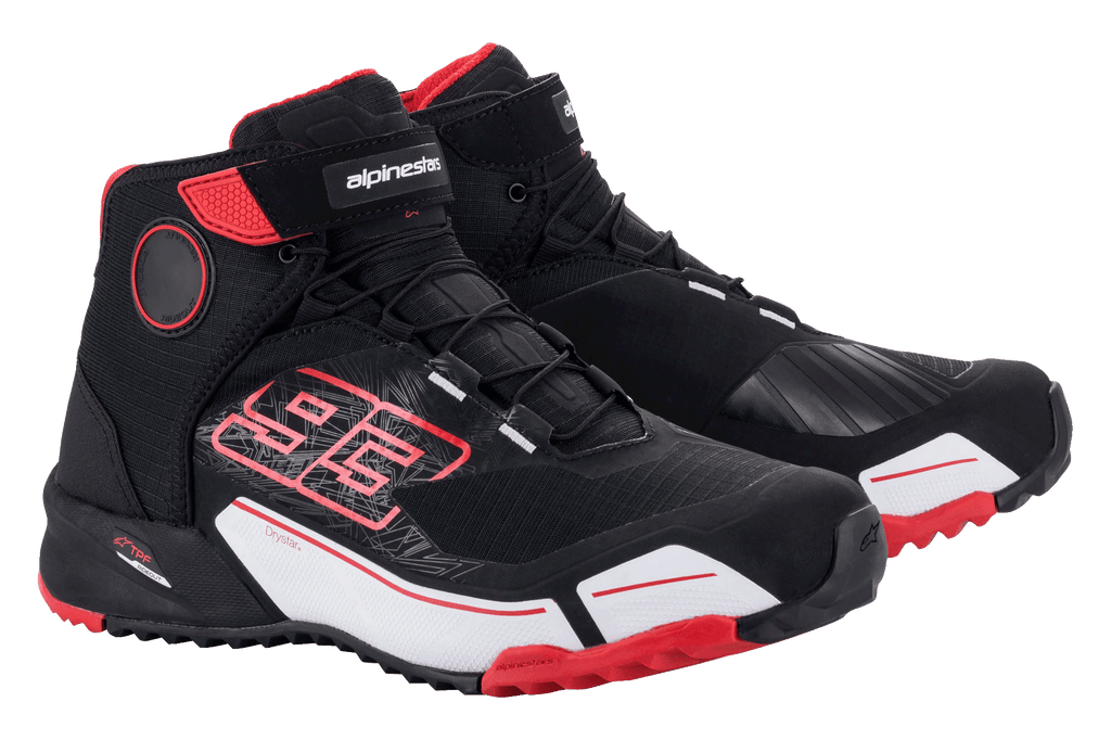 Alpinestars MM93 CR-X Drystar® Riding Shoes, Motorcycle Riding Shoes, Black Red and White, featuring Marc Marquez 93 graphic, sporty athletic design with waterproof Drystar branding, protective shift zone, and rugged sole.