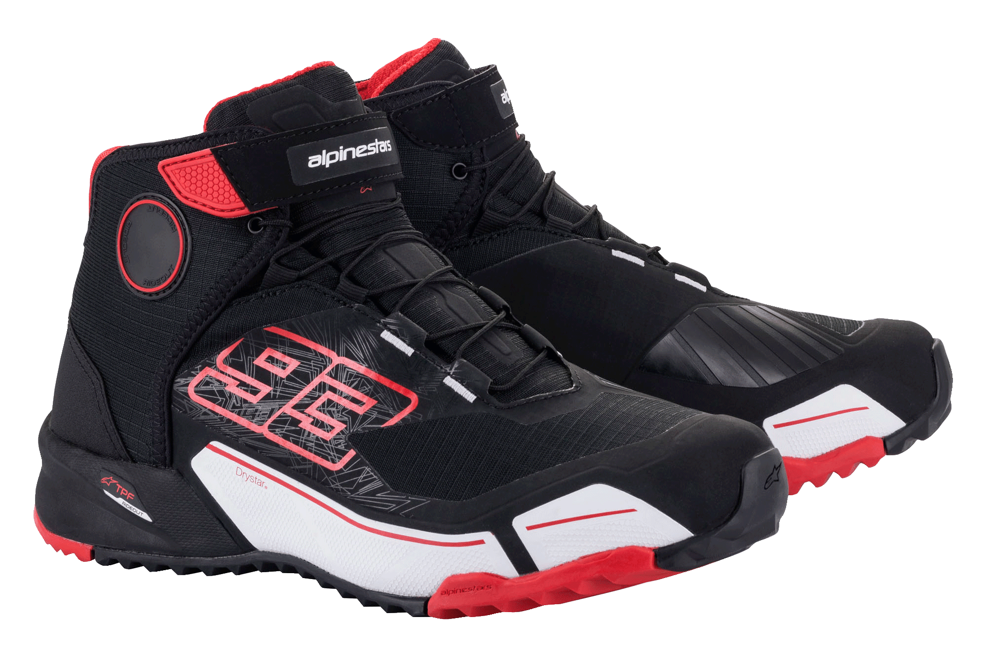 Alpinestars MM93 CR-X Drystar® Riding Shoes, Motorcycle Riding Shoes, Black Red and White, featuring Marc Marquez 93 graphic, sporty athletic design with waterproof Drystar branding, protective shift zone, and rugged sole.