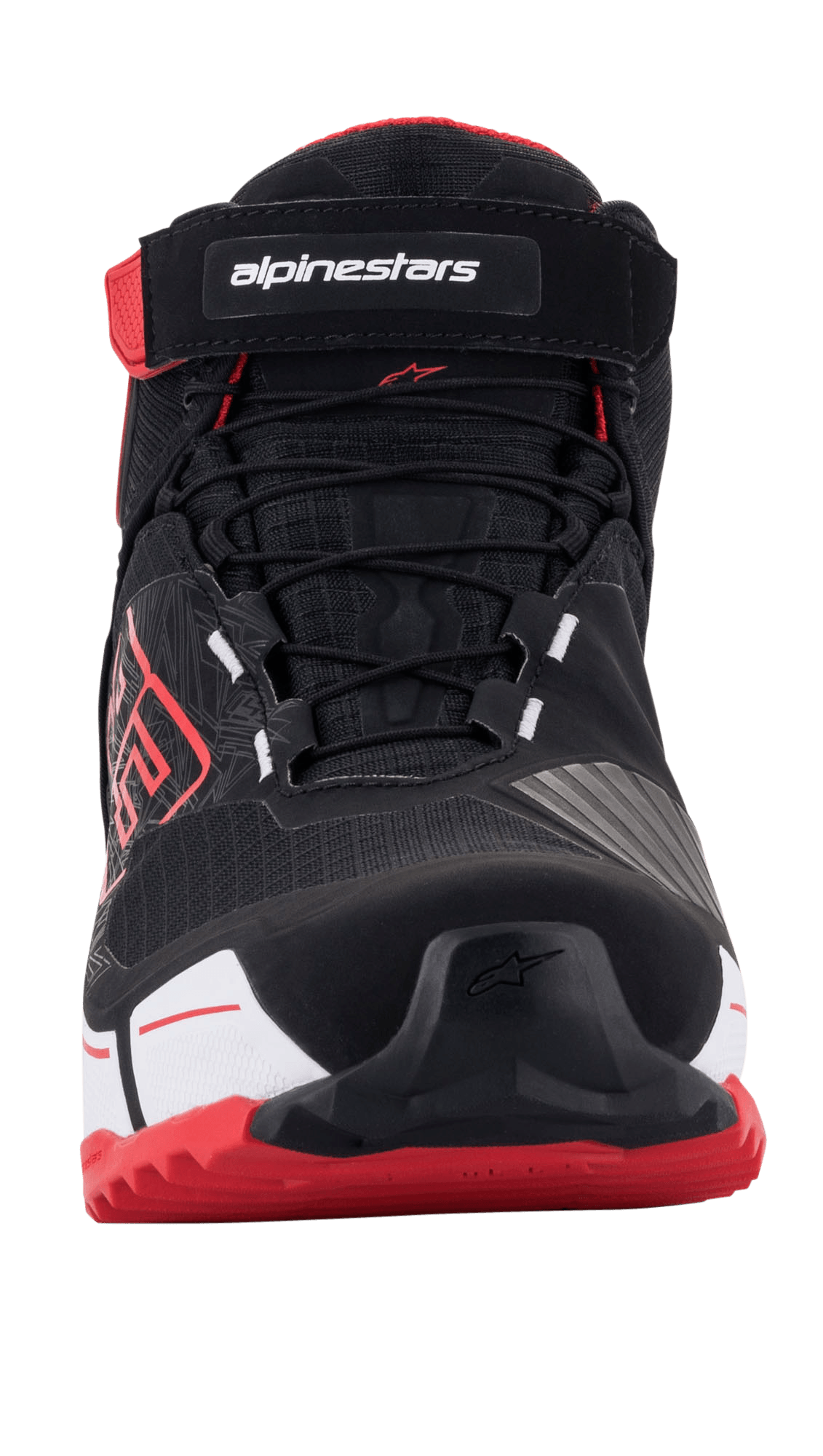 Alpinestars MM93 CR-X Drystar® Riding Shoes, Motorcycle Riding Shoes, Black Red and White, front view showing lacing system and Velcro strap with branding, red outsole and MM93 logo on the side, sporty protective footwear