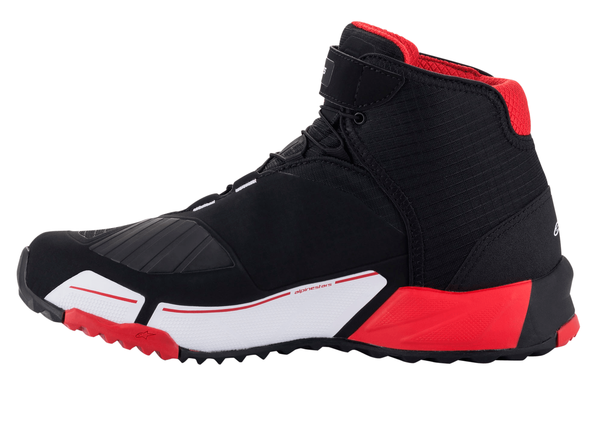 Alpinestars MM93 CR-X Drystar® Riding Shoes, Motorcycle Riding Shoes, Black Red and White, side profile view featuring a black textile upper, red interior lining, and white midsole with red accents, protective shift pad, sporty running shoe-inspired design