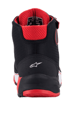 Alpinestars MM93 CR-X Drystar® Riding Shoes, Rear View, Black Red and White, featuring a white star logo on the heel, red quilted inner lining, and red outsole, protective motorcycle footwear