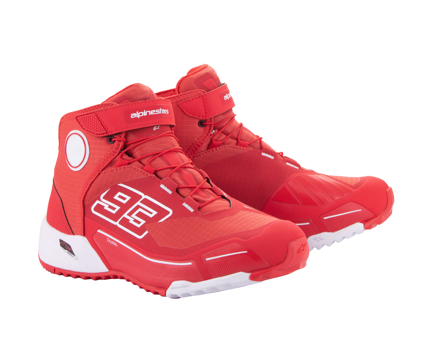 Alpinestars MM93 CR-X Drystar® køresko, klar rød og hvid, set fra siden, med '93'-grafik på siden, Alpinestars-logo på remmen, hvid teknisk sål, løbesko-inspireret silhuet til motorcykelkørsel