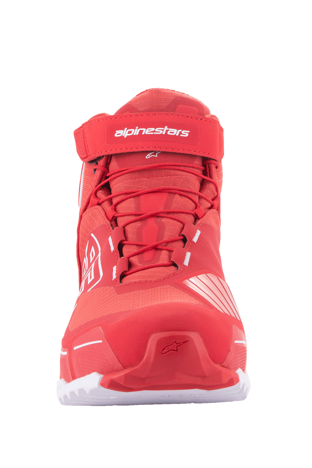 Alpinestars MM93 CR-X Drystar® køresko, motorcykelsko, stærk rød og hvid, set forfra med røde snørebånd, velcro-ankelrem med hvidt Alpinestars-logo og en sporty løbesko-inspireret silhuet