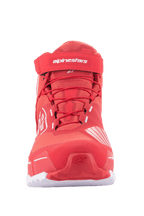 Alpinestars MM93 CR-X Drystar® køresko, motorcykelsko, stærk rød og hvid, set forfra med røde snørebånd, velcro-ankelrem med hvidt Alpinestars-logo og en sporty løbesko-inspireret silhuet