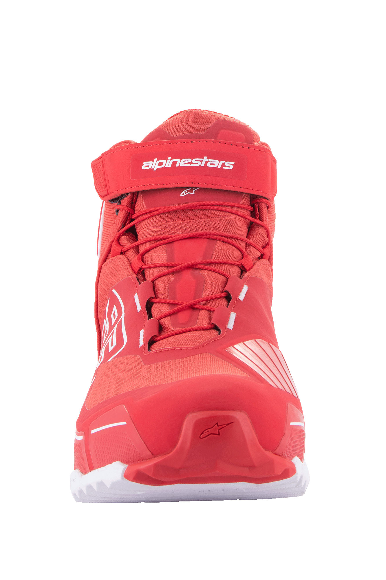 Alpinestars MM93 CR-X Drystar® køresko, motorcykelsko, stærk rød og hvid, set forfra med røde snørebånd, velcro-ankelrem med hvidt Alpinestars-logo og en sporty løbesko-inspireret silhuet