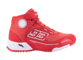 Alpinestars MM93 CR-X Drystar ridestøvler, urban motorcykelsneakers, rød og hvid, høj model med Marc Marquez' nummer 93, vandtæt Drystar-teknologi, tekstureret tekstiloverdel, hvid EVA-mellemsål og rød gummisål, velcrorem og snørelukning