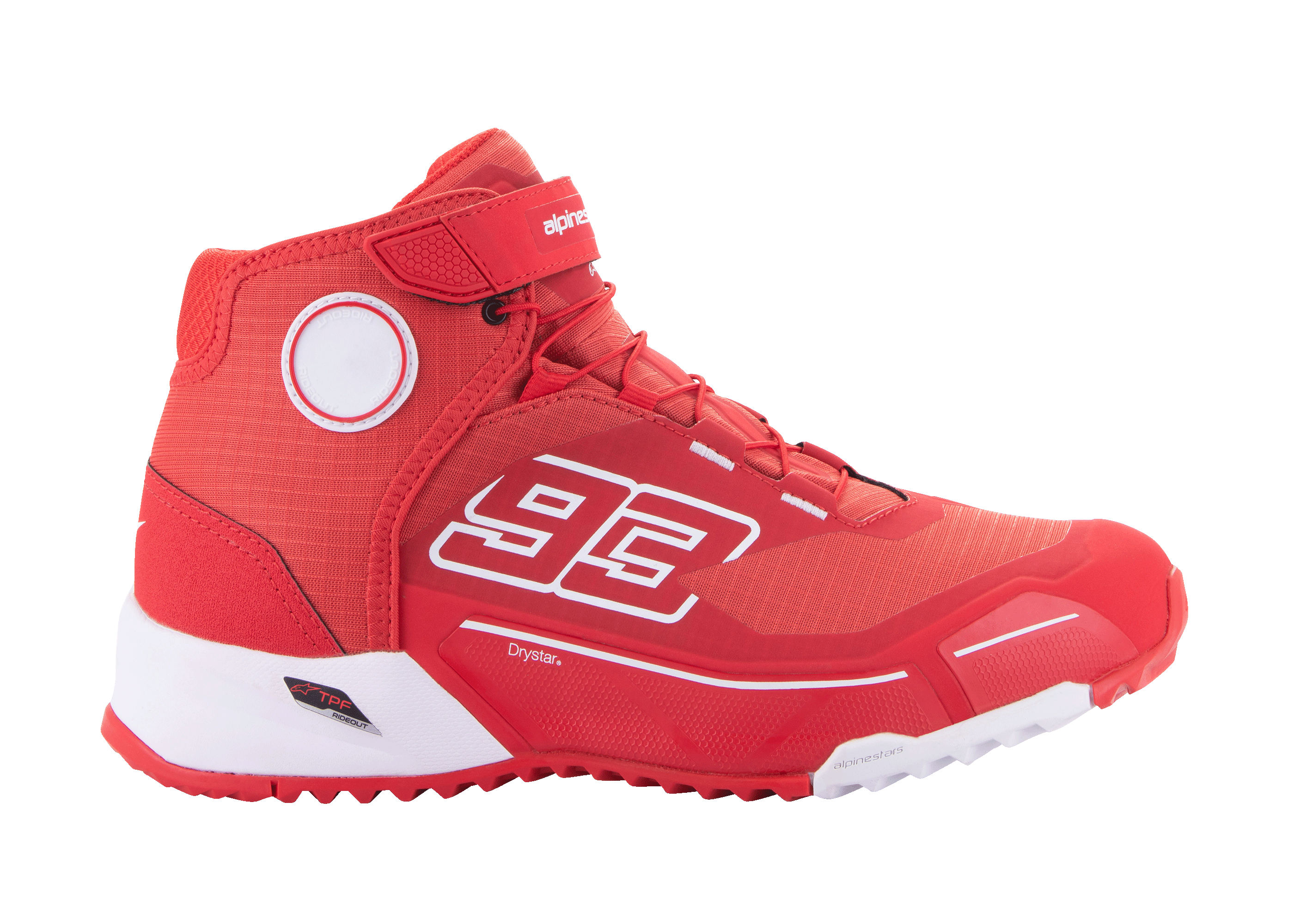 Alpinestars MM93 CR-X Drystar ridestøvler, urban motorcykelsneakers, rød og hvid, høj model med Marc Marquez' nummer 93, vandtæt Drystar-teknologi, tekstureret tekstiloverdel, hvid EVA-mellemsål og rød gummisål, velcrorem og snørelukning