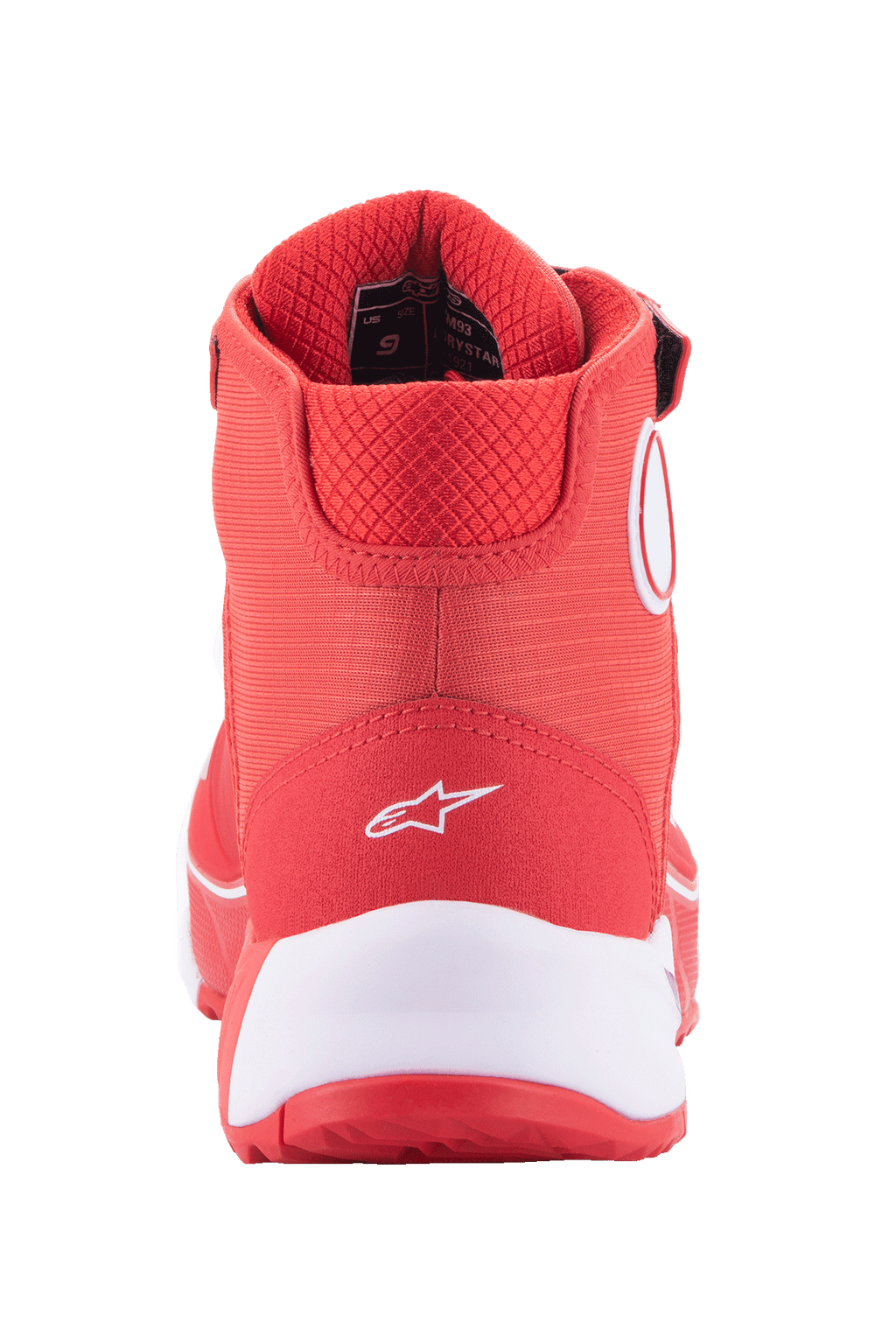 Alpinestars MM93 CR-X Drystar® køresko, klar rød og hvid, set bagfra af hælen med et hvidt Alpinestars-logo, tyk hvid mellemsål og polstret rød mesh-krave