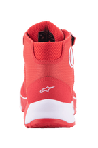 Alpinestars MM93 CR-X Drystar® køresko, klar rød og hvid, set bagfra af hælen med et hvidt Alpinestars-logo, tyk hvid mellemsål og polstret rød mesh-krave
