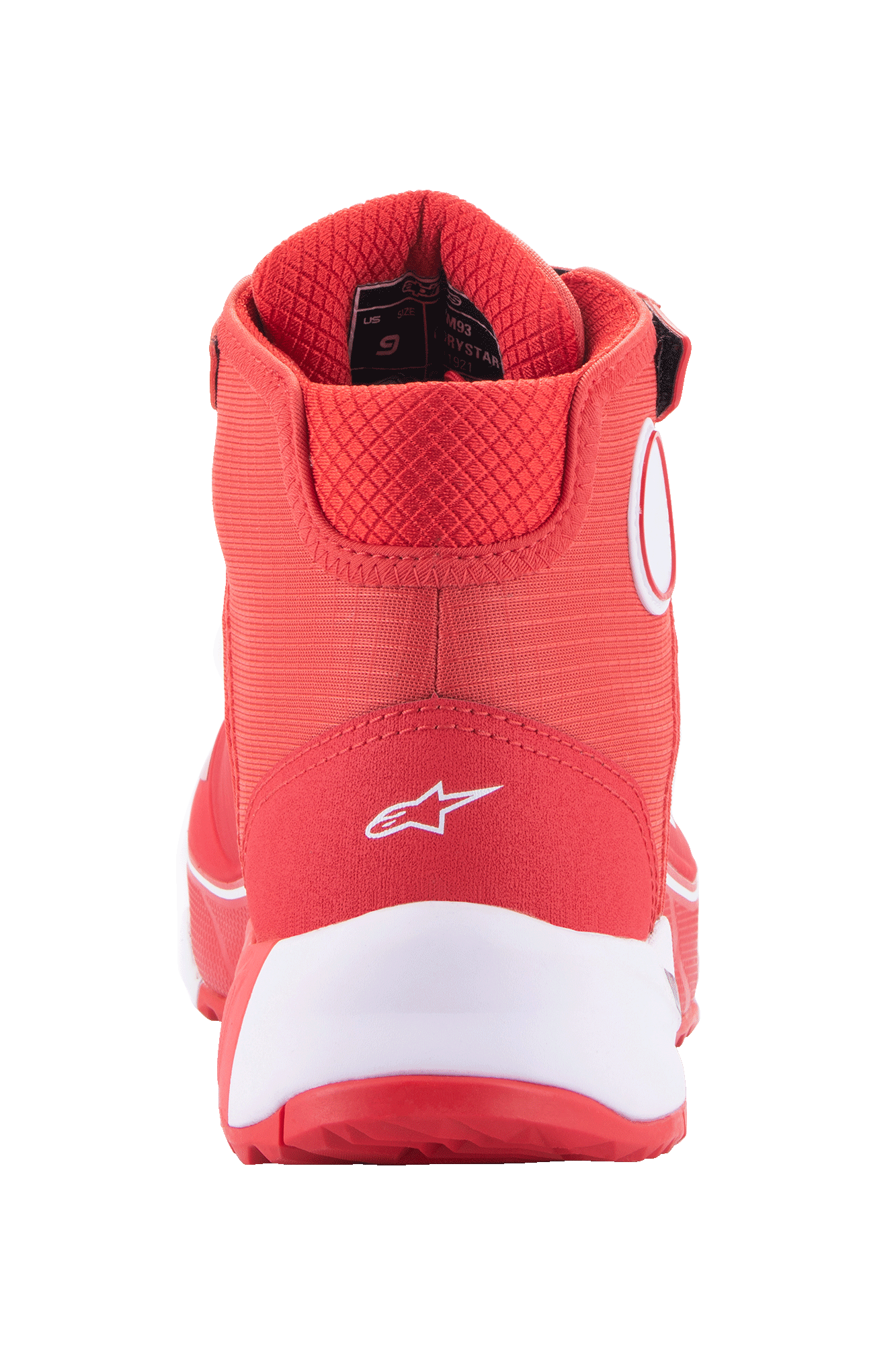 Alpinestars MM93 CR-X Drystar® køresko, klar rød og hvid, set bagfra af hælen med et hvidt Alpinestars-logo, tyk hvid mellemsål og polstret rød mesh-krave