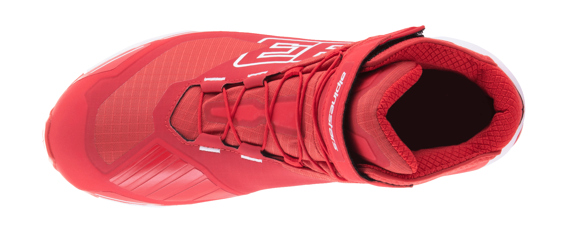 Alpinestars MM93 CR-X Drystar køresko, klar rød og hvid, set oppefra med snøresystem og justerbar ankelrem, med stor 93-grafik og Alpinestars-branding, vandtæt motorcykelfodtøj med et løbesko-inspireret design