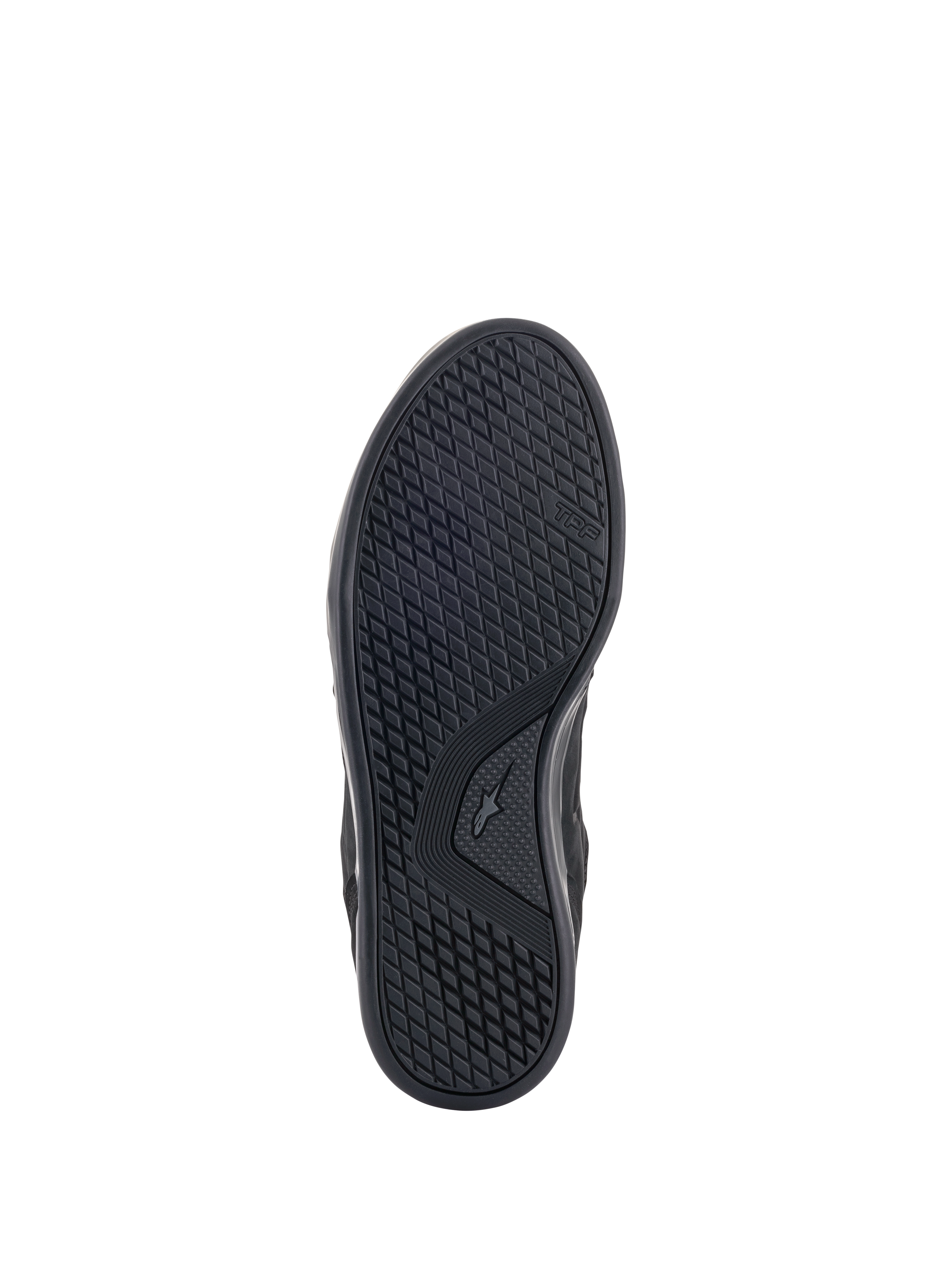 Alpinestars Primer køresko, visning af ydersål, sort, med en oliebestandig dobbelt gummiblandings-sål med en asymmetrisk knoppkonfiguration for greb og høj slidstyrke, TPF-branding synlig på siden