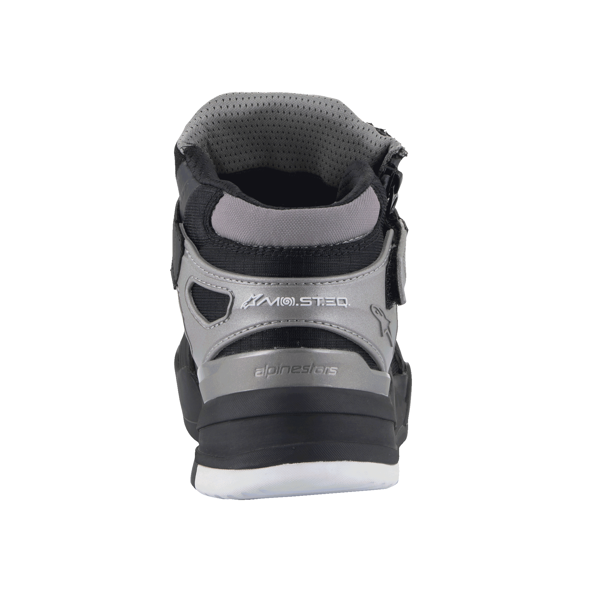 Alpinestars Speedflight Street Shoes, Black Gun Metal, set bagfra af urban motorcykelsko, med MO.ST.EQ-branding på hælen, grå og sorte mesh- og syntetiske paneler, holdbar tekstureret sål.