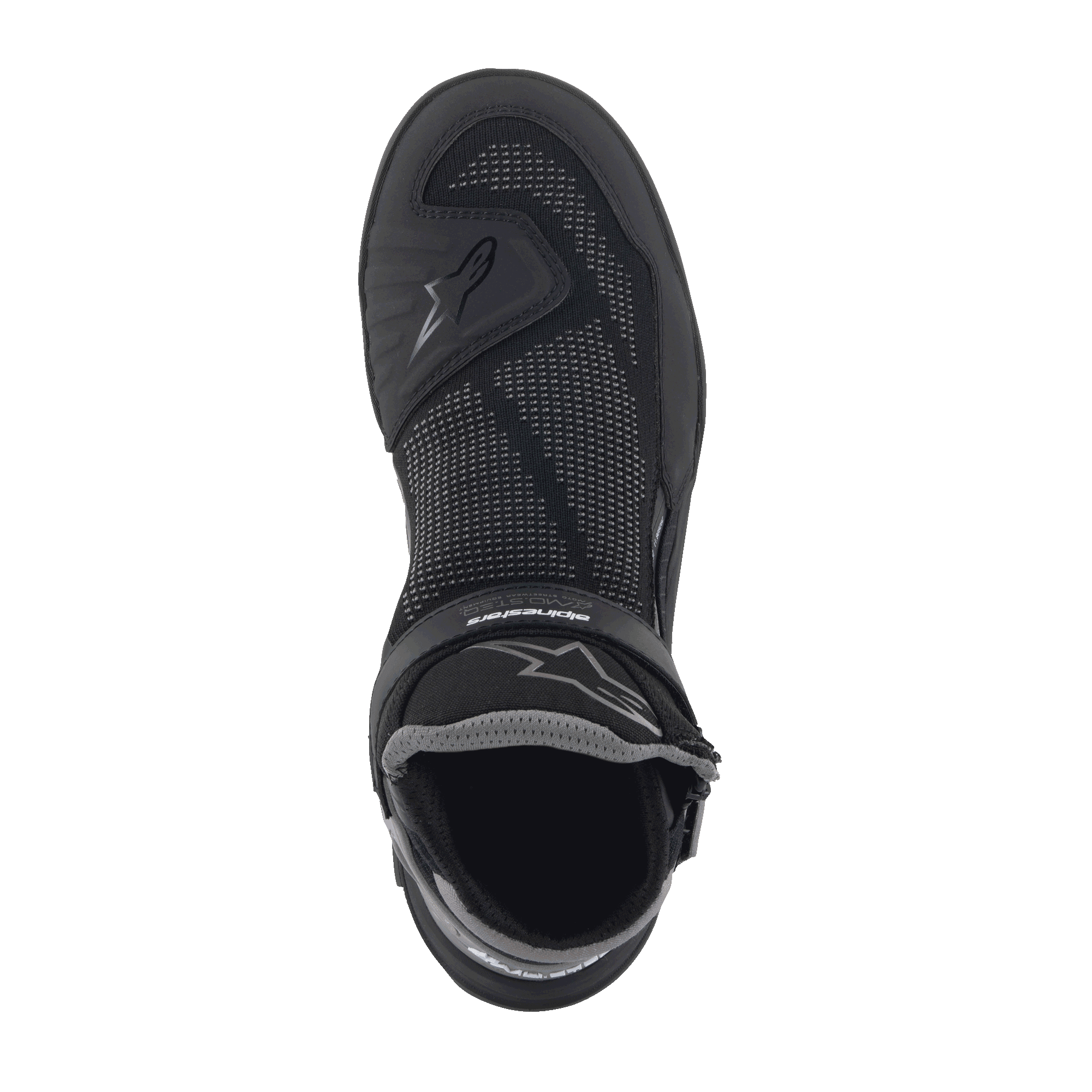 Alpinestars Speedflight Street sko, Black Gun Metal, set fra oven af en enkelt sko med mesh-overdel, TPU-forstærkninger og krog og løkke-rem, urbane motorcykelsko