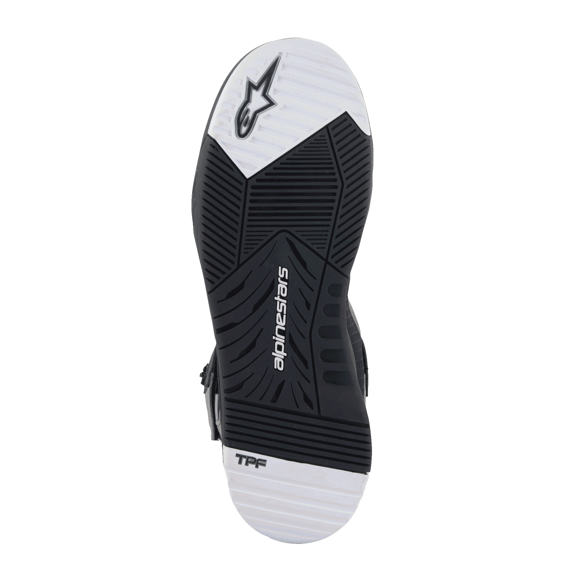Alpinestars Speedflight Street sko, sålvisning, sort og hvid gummisål med dobbelt densitet og tilspidset slidbanemønster, med Alpinestars-logo og TPF-branding, urbant motorcykelfodtøj