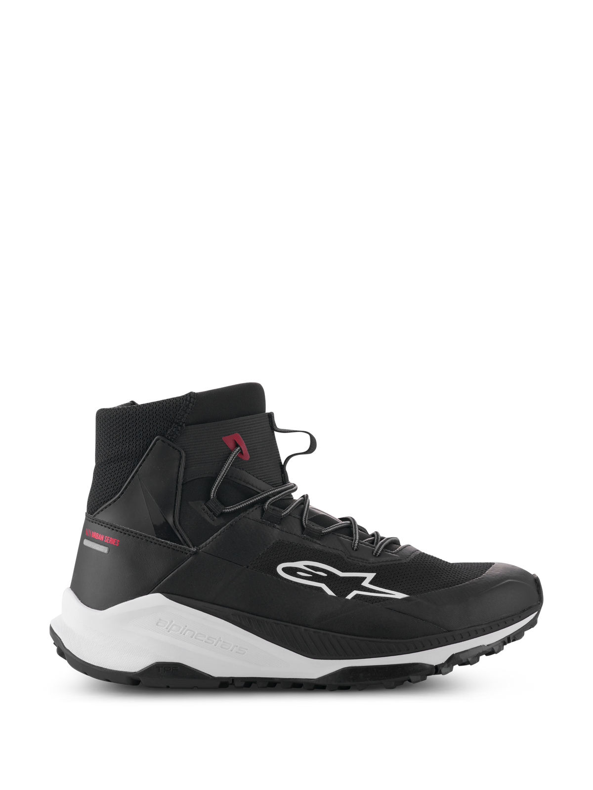 Alpinestars Speedforce XR Shoes, Black and White High-Top Motorcycle Sneakers, Urban Riding Footwear, Side Profile with Mesh Textile Upper, White Side Logo, Thick White Midsole with Alpinestars Branding, and Red Urban Series Text on the Heel