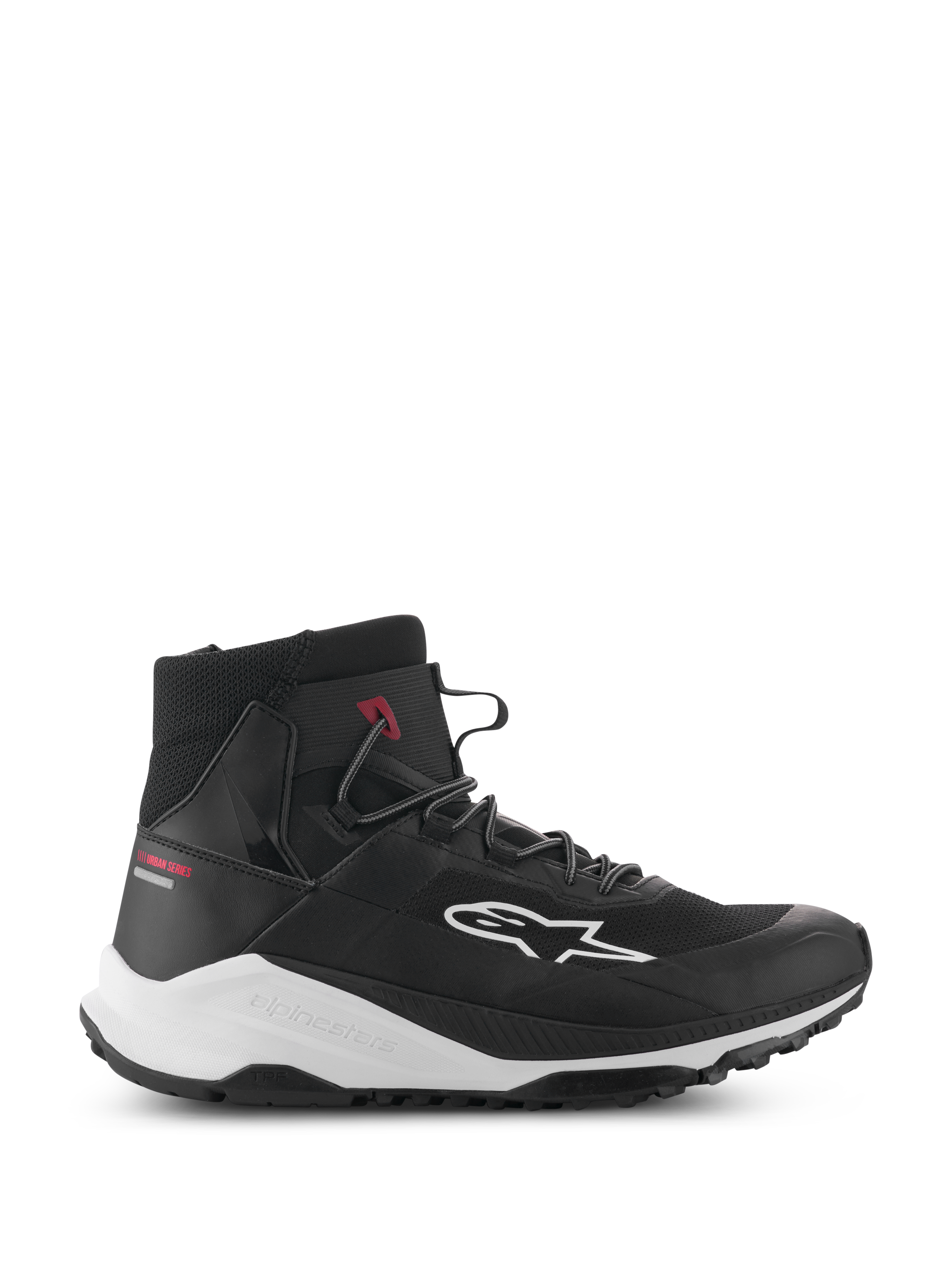 Alpinestars Speedforce XR-sko, sorte og hvide high-top motorcykel-sneakers, urbant kørefodtøj, sideprofil med mesh-tekstiloverdel, hvidt sidelogo, tyk hvid mellemsål med Alpinestars-branding og rød Urban Series-tekst på hælen