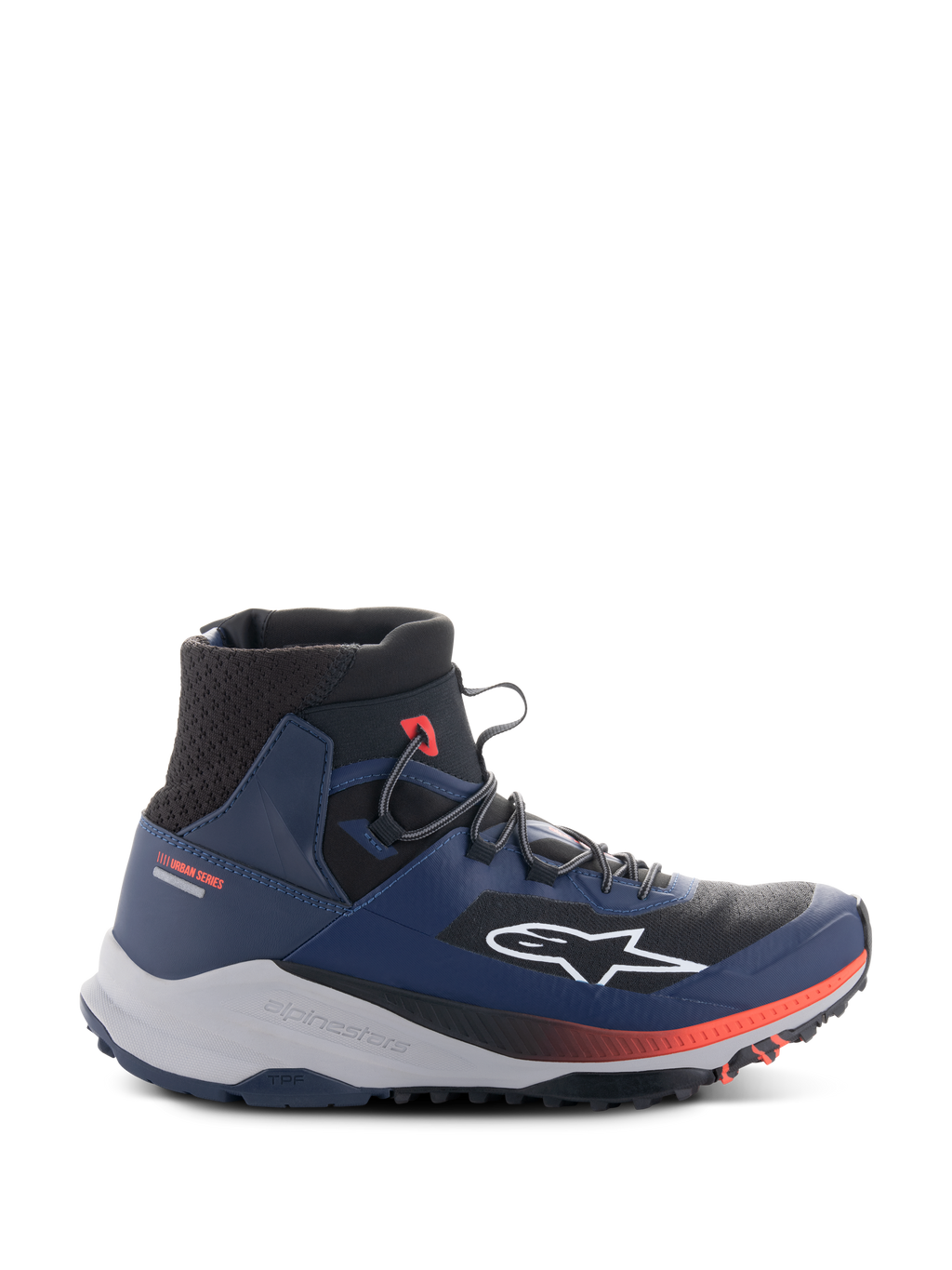 Alpinestars Speedforce XR sko, high-top urban motorcykelsneakers, blå og sort med røde detaljer, robust lysegrå sål, mesh-tekstur ved anklen, sideprofil