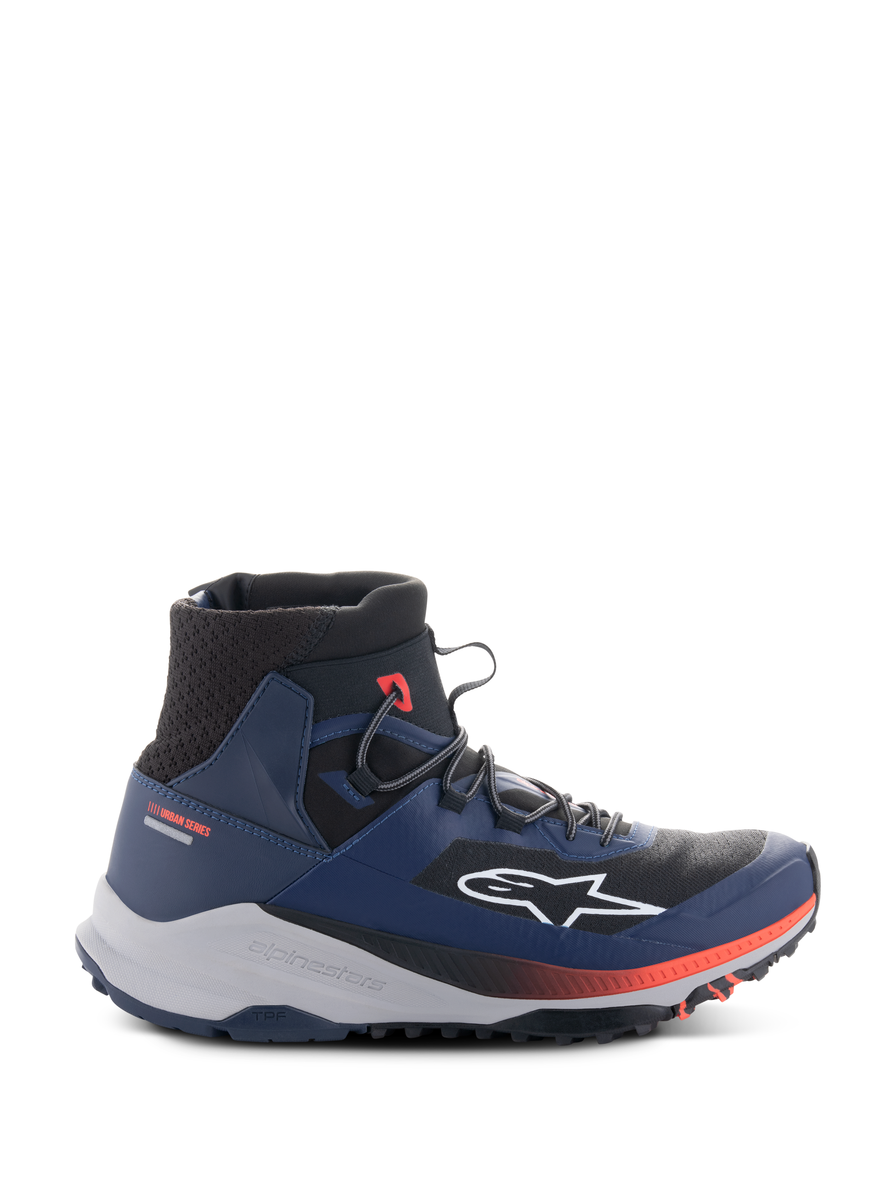 Alpinestars Speedforce XR sko, high-top urban motorcykelsneakers, blå og sort med røde detaljer, robust lysegrå sål, mesh-tekstur ved anklen, sideprofil