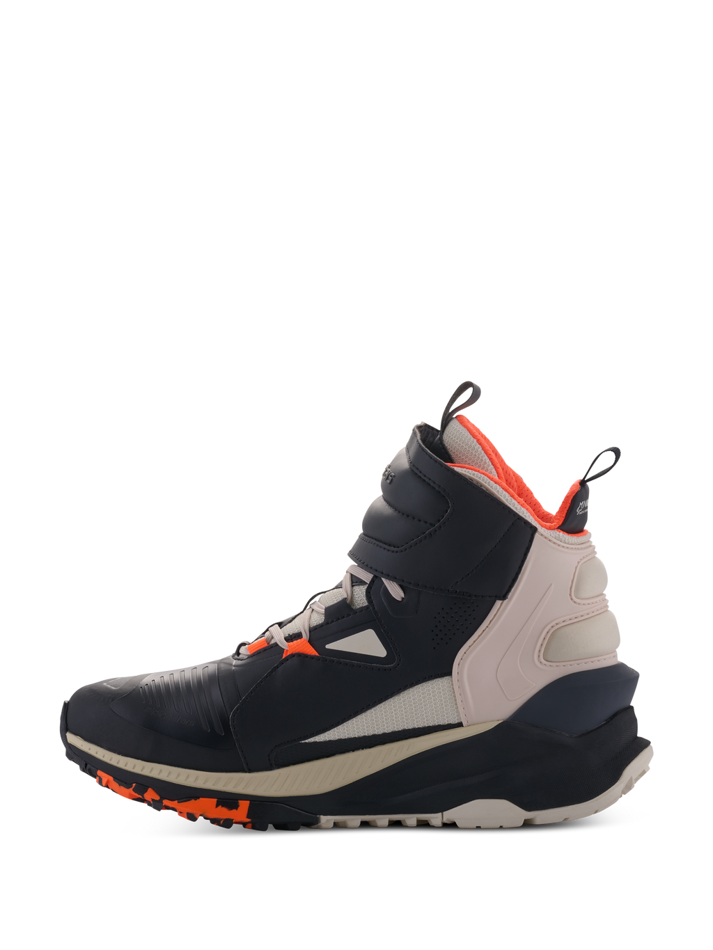 Alpinestars Speedstreet sko, Black Almond Hot Orange, high-top motorcykelsko med overdel i mikrofiber, mandelfarvet beige hælpanel og varmt orange for, med en stor ankelrem og tekstureret sål, urbant streetwear-inspireret design