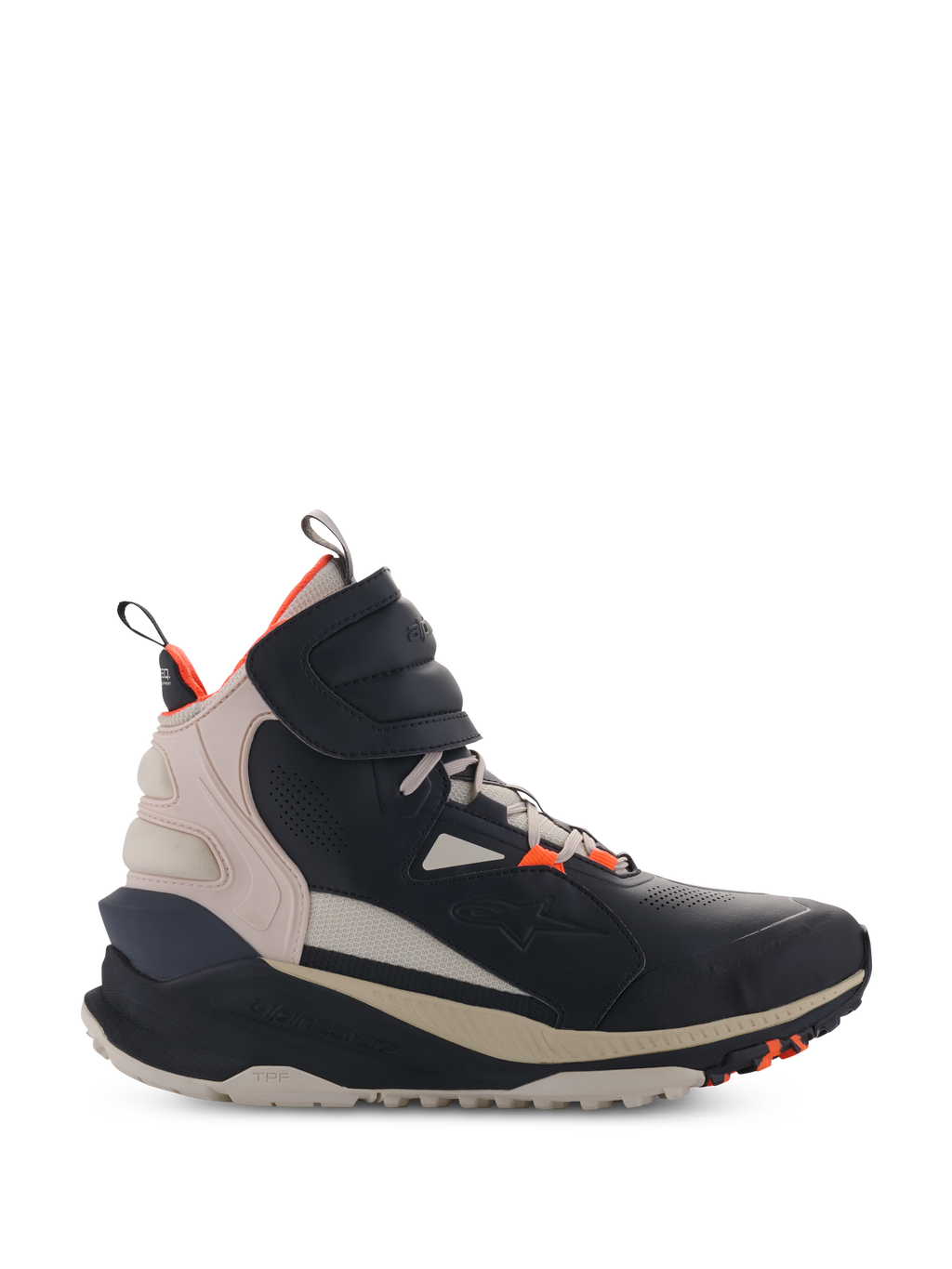 Alpinestars Speedstreet-sko, high-top motorcykelsneakers, sort og beige med Hot Orange-detaljer, street-inspireret mikrofiber-overdel med perforerede detaljer, tyk ergonomisk sål, moderne urbant køredesign med velcrolukning