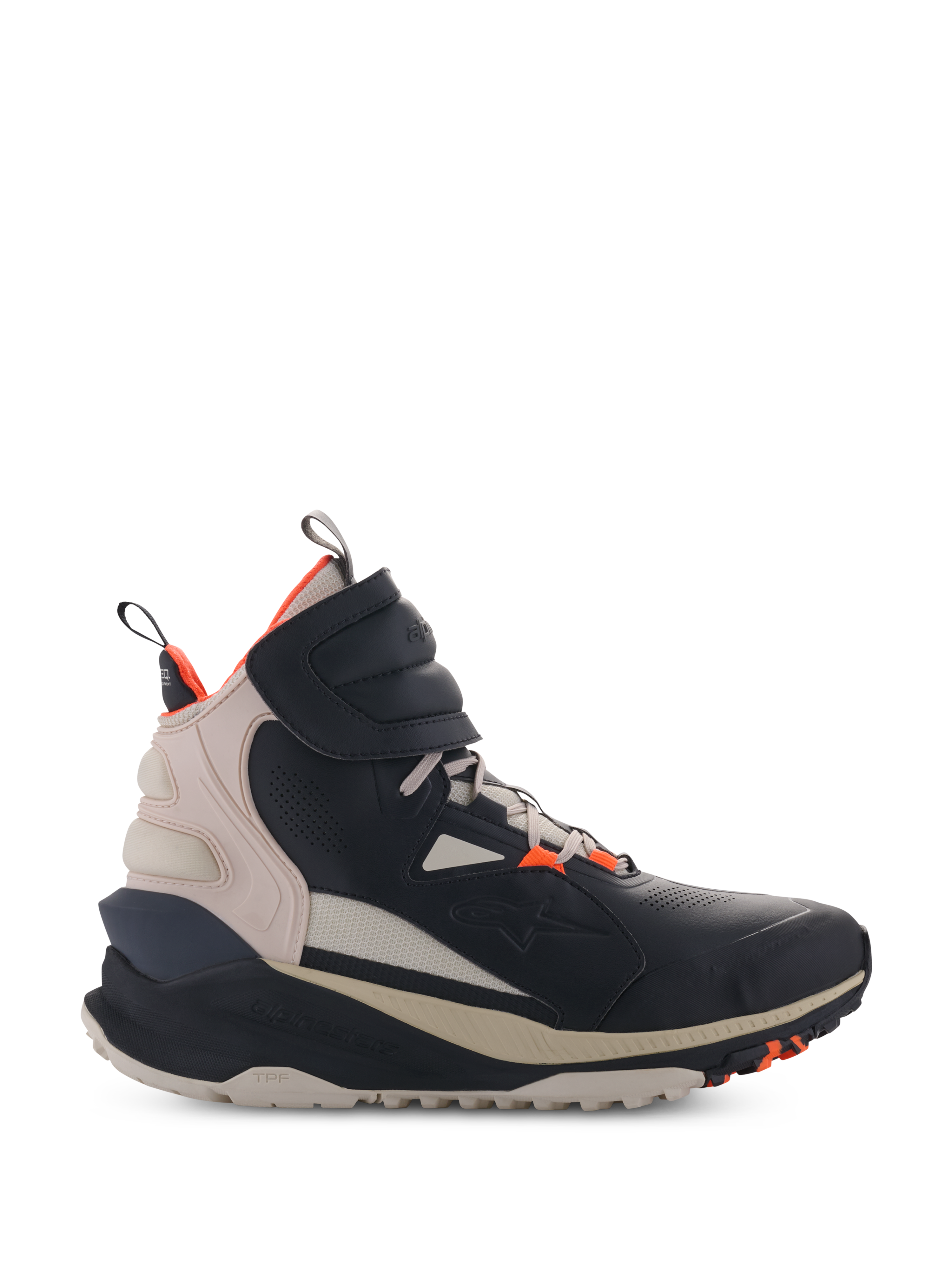 Alpinestars Speedstreet-sko, high-top motorcykelsneakers, sort og beige med Hot Orange-detaljer, street-inspireret mikrofiber-overdel med perforerede detaljer, tyk ergonomisk sål, moderne urbant køredesign med velcrolukning