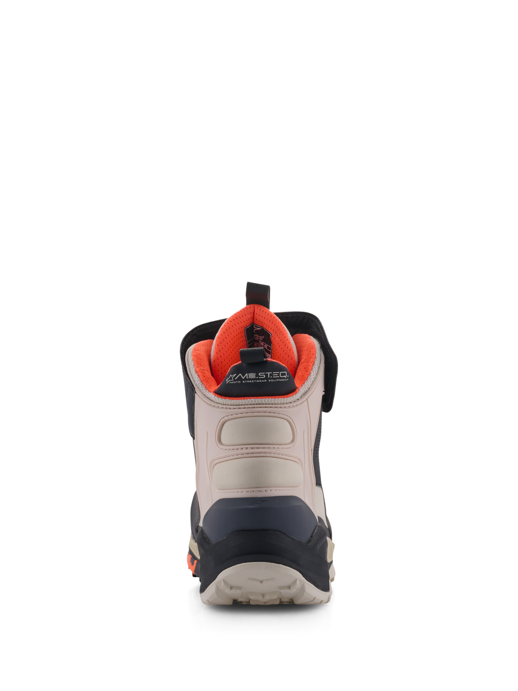 Alpinestars Speedstreet sko, motorcykelsko, sort, mandel og hot orange, set bagfra med forstærket hælkappe, mandelfarvede mikrofiberpaneler, klart orange indvendigt for og MO.ST.EQ.-branding
