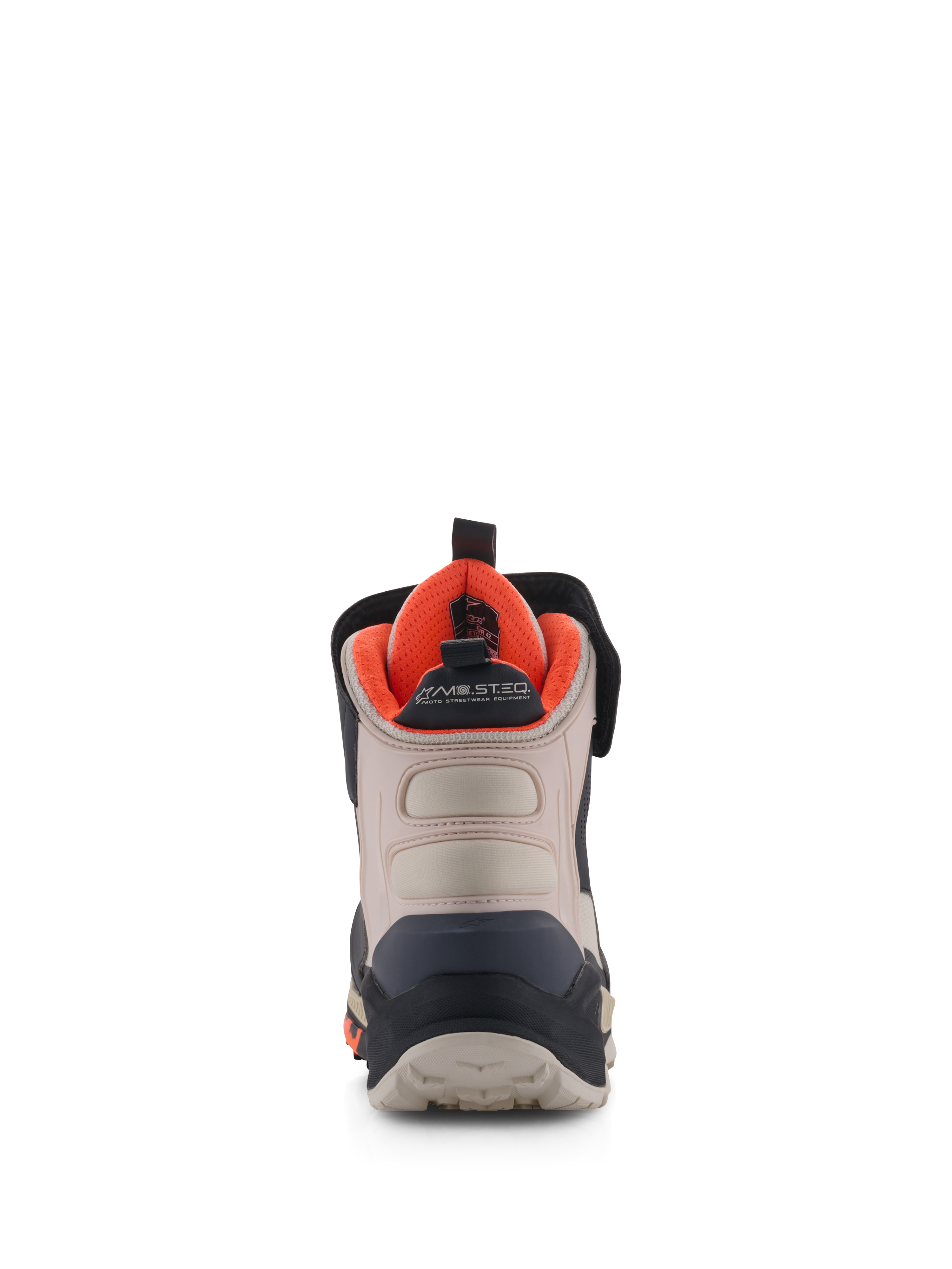 Alpinestars Speedstreet sko, motorcykelsko, sort, mandel og hot orange, set bagfra med forstærket hælkappe, mandelfarvede mikrofiberpaneler, klart orange indvendigt for og MO.ST.EQ.-branding