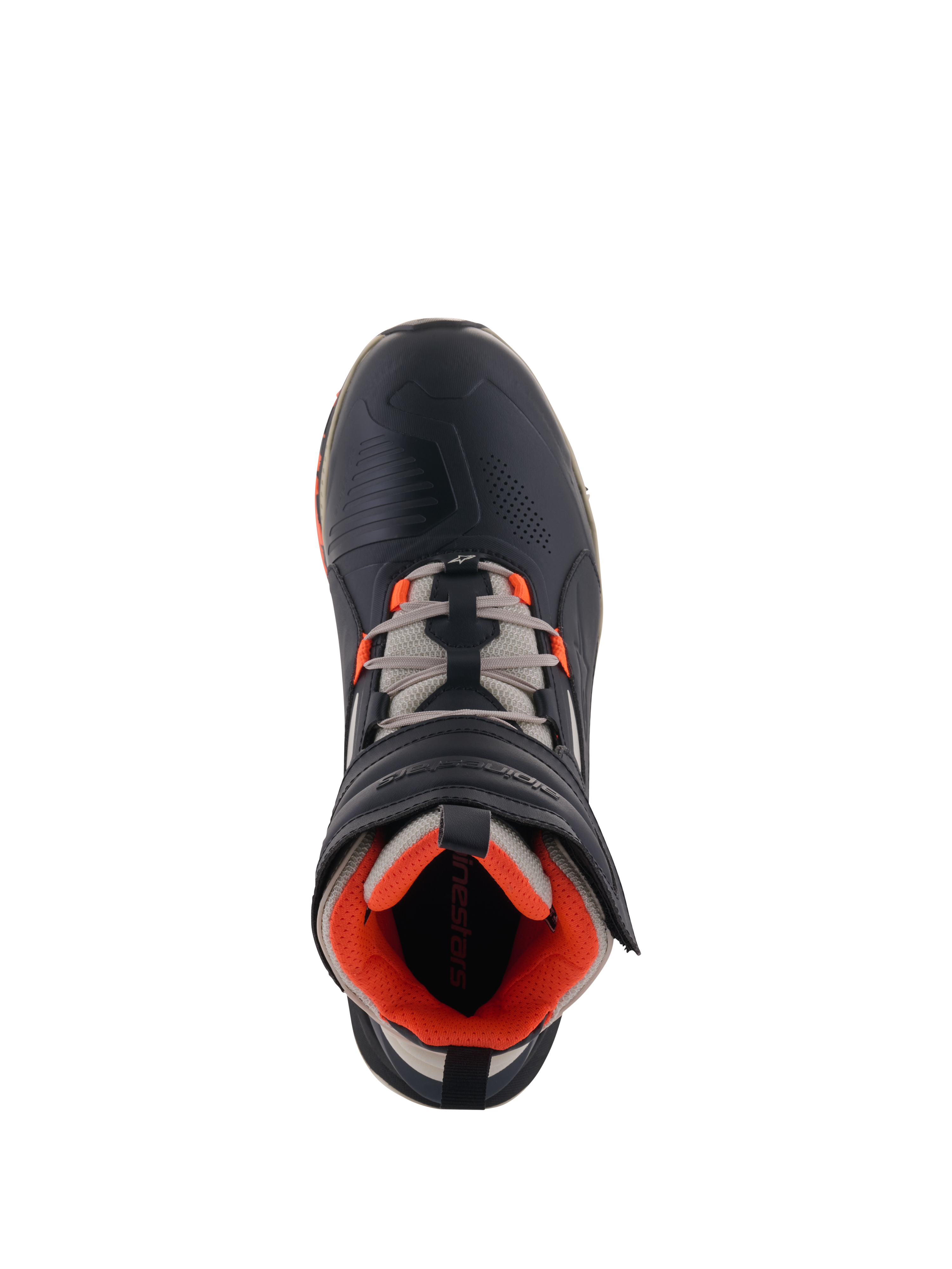 Alpinestars Speedstreet sko, motorcykelsko, Black Almond Hot Orange, set oppefra viser sort overdel i mikrofiber med orange detaljer, almond grå snørebånd og ergonomisk krog-og-løkke rem, urbant motorsportsinspireret design