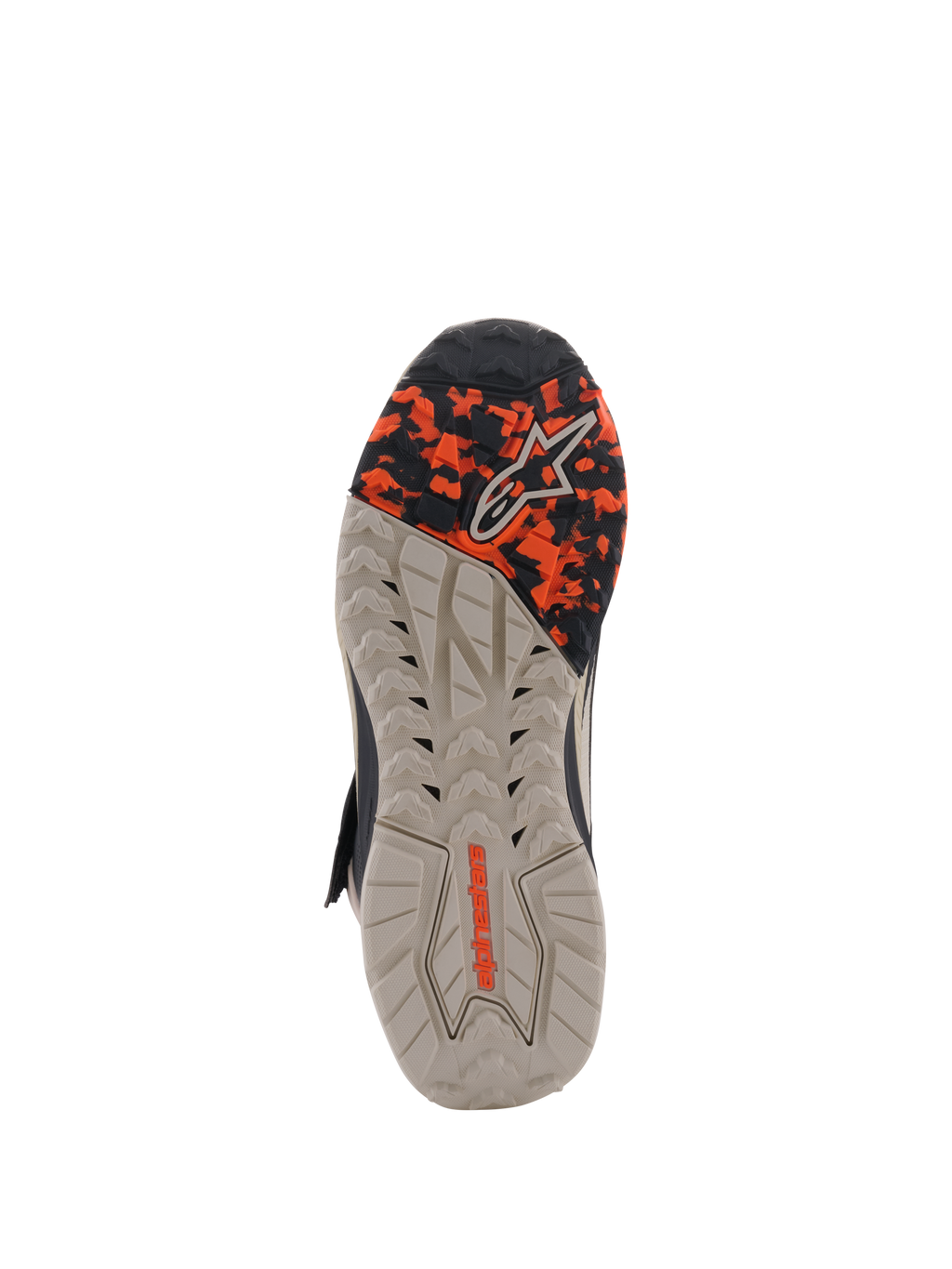 Alpinestars Speedstreet sko, ydersålsvisning, Black Almond Hot Orange, oliebestandig gummisål med camo-mønstret forfod, præget Alpinestars-branding, designet til greb og stabilitet
